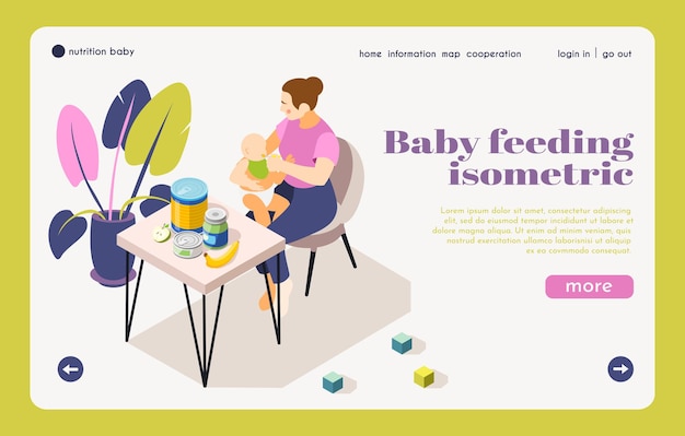 Vector gratuito página de inicio isométrica de información nutricional para el cuidado infantil con la madre alimentando al bebé eligiendo productos para niños sanos ilustración