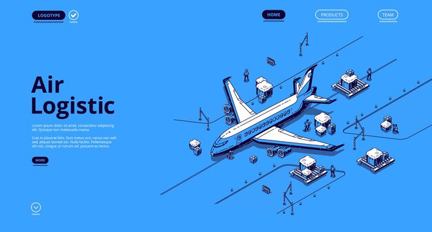 Página de inicio isométrica de logística aérea. Servicio de empresa de entrega global de transporte de avión, importación de carga y exportación por avión, negocio de transporte mundial de mercancías de aviones