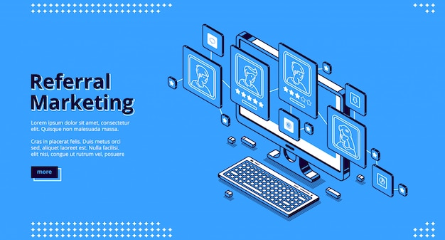 Vector gratuito página de inicio isométrica de marketing de referidos.