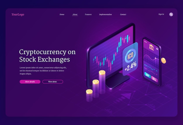 Página de inicio isométrica del mercado de intercambio de criptomonedas. Minería de dinero digital, pantalla de computadora y teléfono inteligente con gráfico comercial