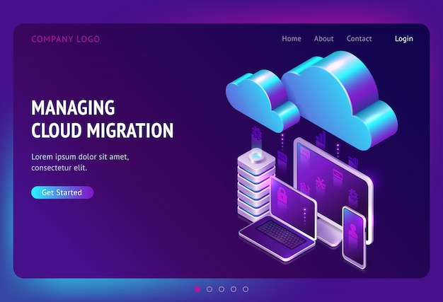 Página de inicio isométrica de migración de datos digitales