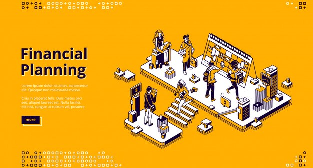 Página de inicio isométrica de planificación financiera, banner