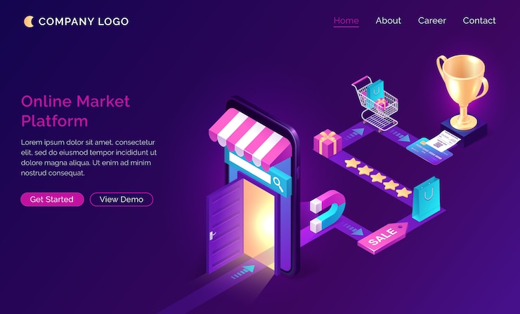 Vector gratuito página de inicio isométrica de la plataforma del mercado en línea,
