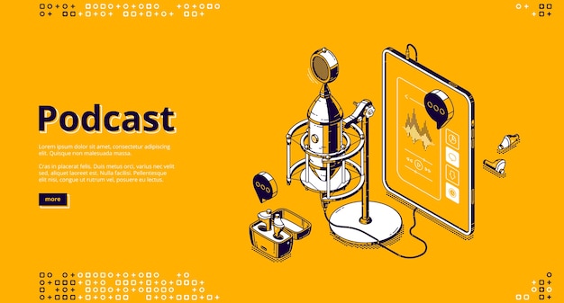 Página de inicio isométrica de podcast. Tablet PC con aplicación para escuchar radio o música en línea, auriculares inalámbricos y micrófono de estudio, ecualizador y botones de control en la pantalla Banner web de arte de línea 3d
