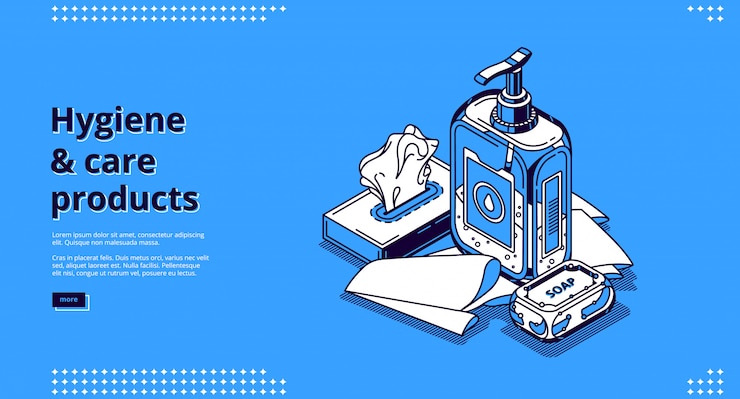 Vector gratuito página de inicio isométrica de productos de higiene y cuidado
