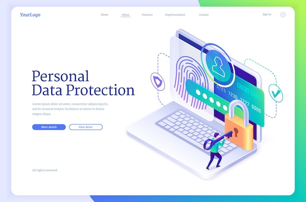 Vector gratuito página de inicio isométrica de protección de datos personales