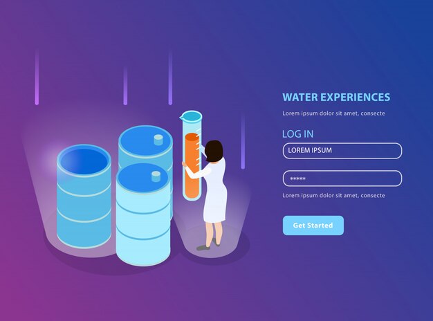 Página de inicio isométrica de purificación de agua para sitio web con formulario de registro e ilustración de descripción de experiencias de agua