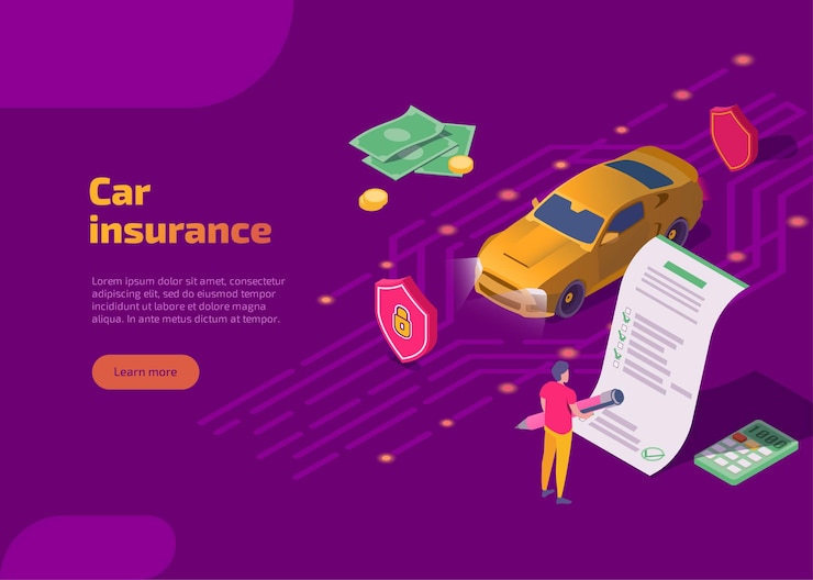 Vector gratuito página de inicio isométrica de seguro de automóvil con automóvil y conductor