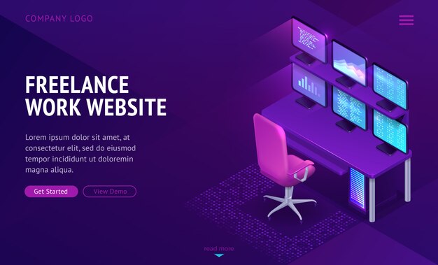 Página de inicio isométrica del sitio web de trabajo independiente