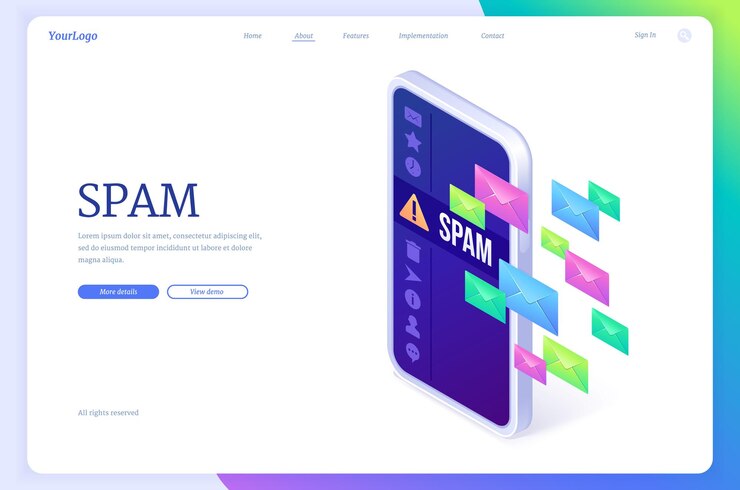 Vector gratuito página de inicio isométrica de spam con sobres de cartas en mensajes de servicio de correo electrónico electrónico de la pantalla del teléfono inteligente
