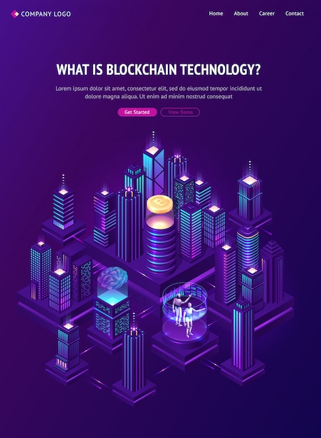 Página de inicio isométrica de la tecnología blockchain.