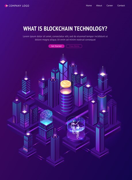 Página de inicio isométrica de la tecnología Blockchain.