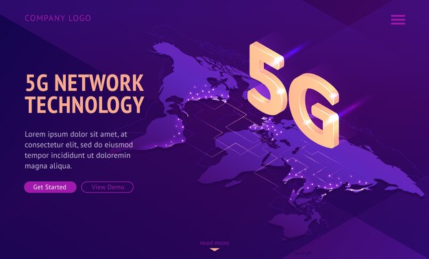 Página de inicio isométrica de tecnología de red 5g.