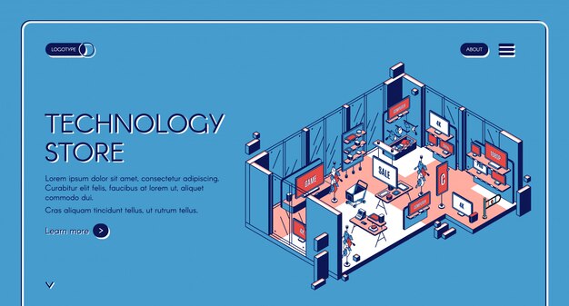 Página de inicio isométrica de la tienda de tecnología
