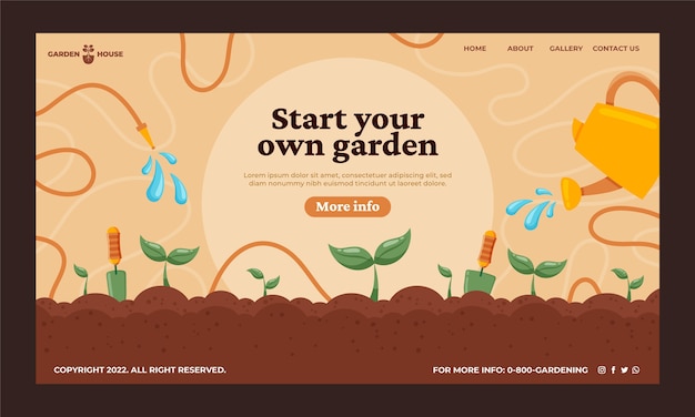 Vector gratuito página de inicio de jardinería dibujada a mano con herramientas