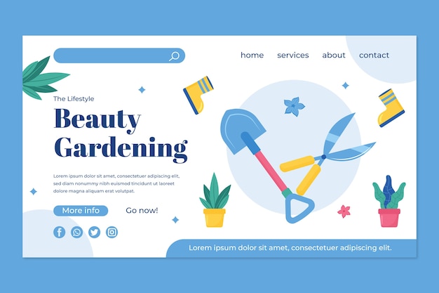 Página de inicio de jardinería de diseño plano dibujado a mano