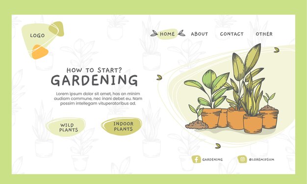 Página de inicio de jardinería de grabado dibujado a mano