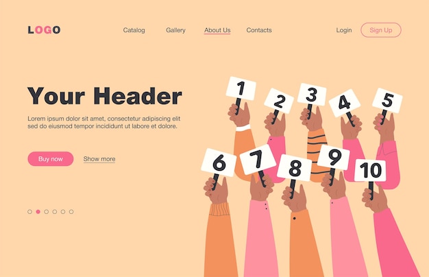 Vector gratuito página de inicio de los jueces de la competencia. línea de manos sosteniendo y mostrando tarjetas de puntuación con puntuaciones o calificaciones. para el juego de concurso, jurado, evaluación, retroalimentación, concepto de voto