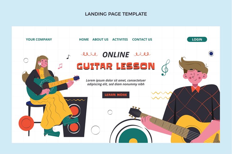Vector gratuito página de inicio de lecciones de guitarra de diseño plano dibujado a mano