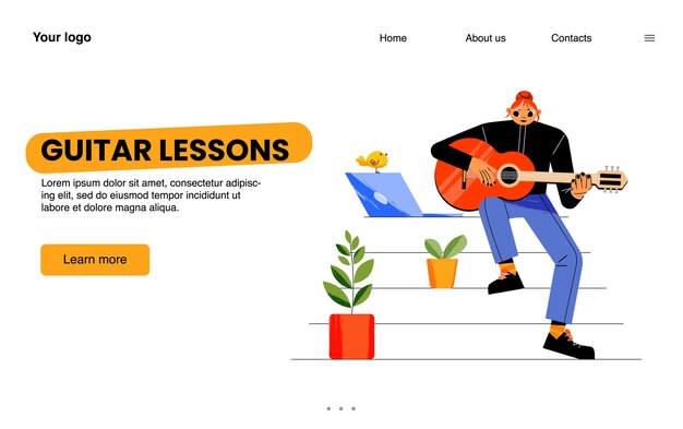 Página de inicio de lecciones de guitarra Educación en línea hobby aprendizaje entrenamiento tocar instrumentos Mujer joven sentada en casa con una computadora portátil viendo videos y tocando música Banner web de arte de línea vectorial plana de dibujos animados