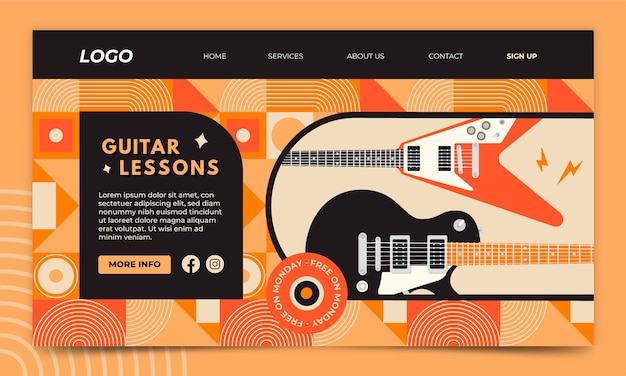 Vector gratuito página de inicio de lecciones de guitarra vintage de diseño plano