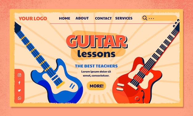 Vector gratuito página de inicio de lecciones de guitarra vintage de diseño plano