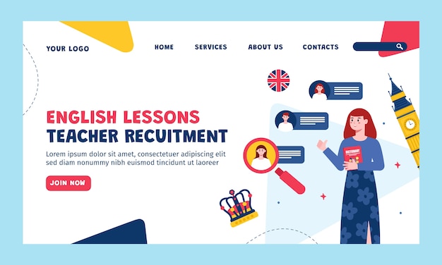 Página de inicio de lecciones de inglés de diseño plano