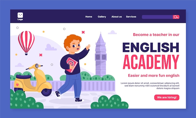 Vector gratuito página de inicio de lecciones de inglés de diseño plano