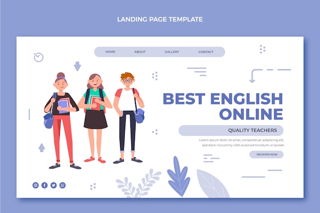 Vector gratuito página de inicio de lecciones de inglés en línea de diseño plano