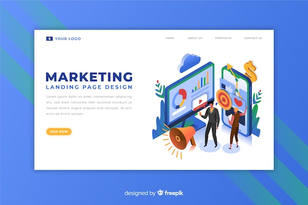 Página de inicio de marketing de diseño isométrico