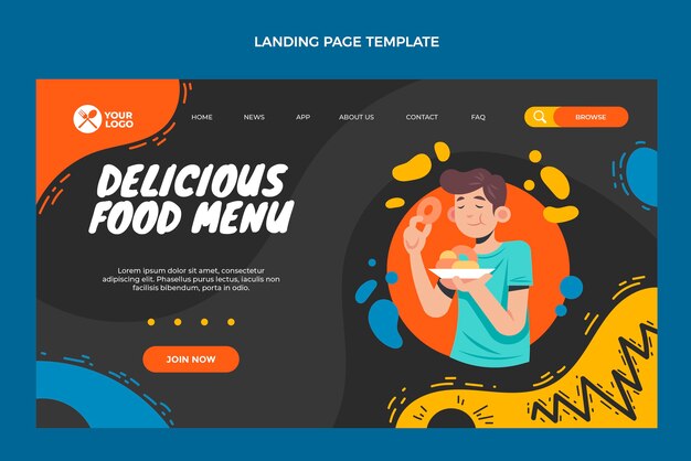 Página de inicio de menú de comida deliciosa de diseño plano