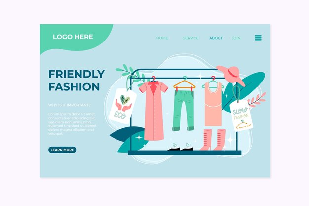 Página de inicio de moda sostenible dibujada a mano plana
