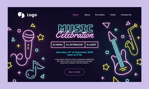 Vector gratuito página de inicio de música electrónica de neón de diseño plano