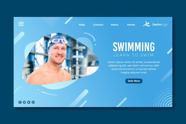 Vector gratuito página de inicio de natación con foto de hombre