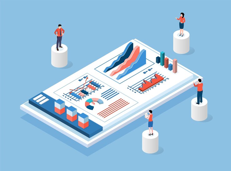 Vector gratuito página de inicio de negocios y finanzas. diseño de sitio web con personas planas empresario analizando grandes datos utilice un sistema de almacenamiento de base de datos para diagramas de estadísticas de gestión de ventas e informes de rendimiento.