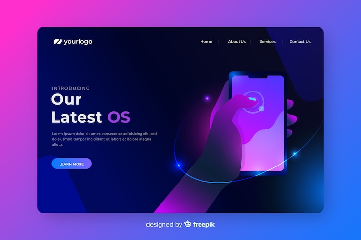 Vector gratuito página de inicio de neón con plantilla de teléfono inteligente