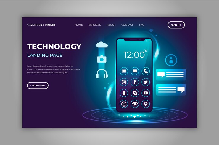 Vector gratuito página de inicio de neón con teléfono inteligente