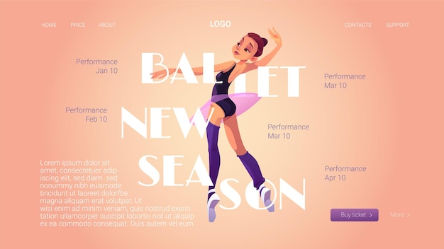 Vector gratuito página de inicio de la nueva temporada de ballet con bailarina y calendario de actuaciones