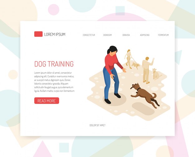 Página de inicio o plantilla web con tareas específicas de análisis de comportamiento de entrenamiento de perros cynologyst que interactúan con la ilustración de vector de diseño isométrico de página web de medio ambiente