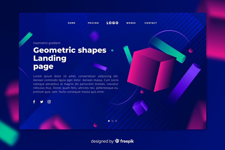 Vector gratuito página de inicio oscura con formas geométricas de colores brillantes.