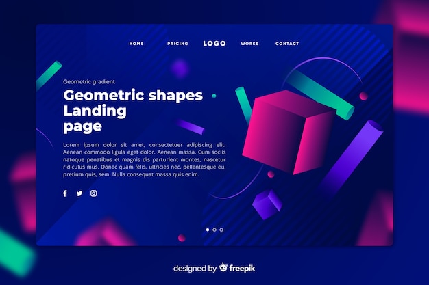 Página de inicio oscura con formas geométricas de colores brillantes.