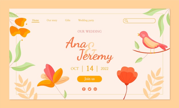 Vector gratuito página de inicio plana dibujada a mano de boda