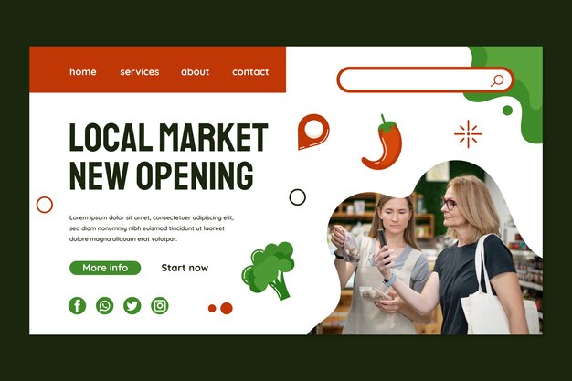 Página de inicio plana dibujada a mano del mercado local