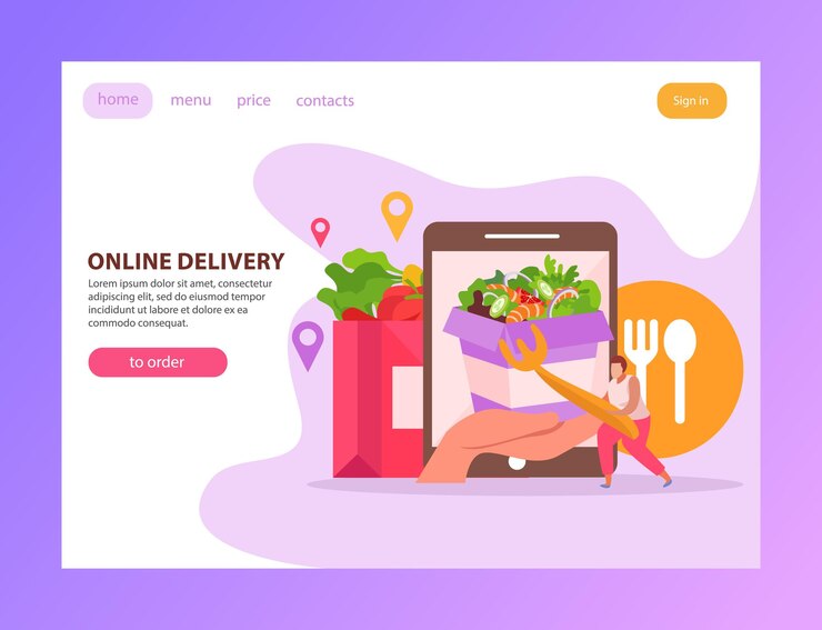 Vector gratuito página de inicio plana de entrega de alimentos con botones de enlaces de texto en los que se puede hacer clic e imágenes de gadgets e ilustraciones de comida rápida