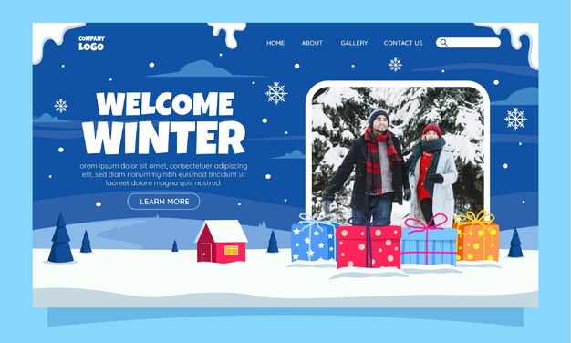 Página de inicio plana para la temporada de invierno con regalos en nieve y casa.
