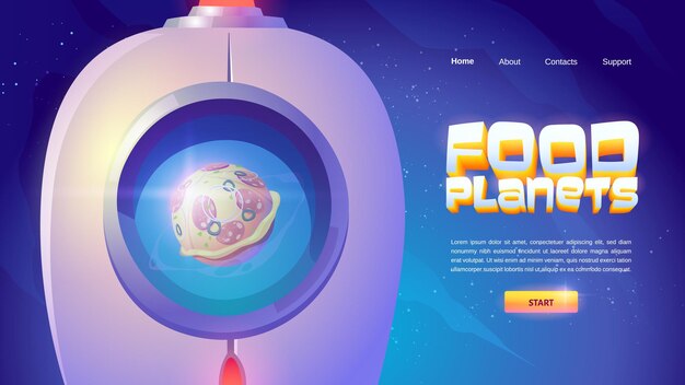 Página de inicio de planetas de alimentos con nave espacial y esfera con pizza