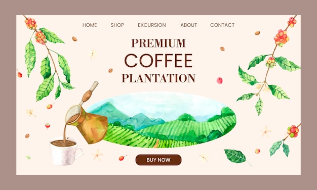 Vector gratuito página de inicio de la plantación de café en acuarela