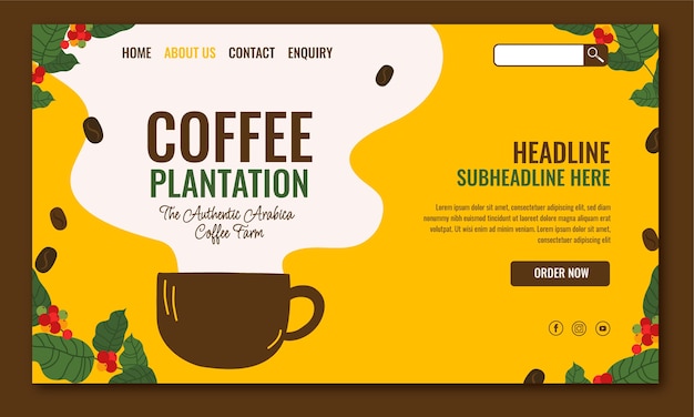 Página de inicio de la plantación de café dibujada a mano