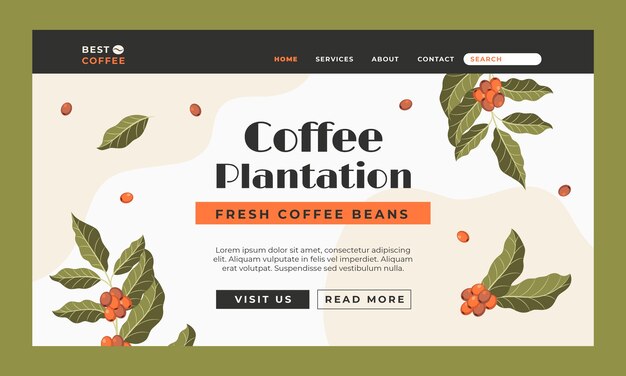 Página de inicio de la plantación de café dibujada a mano
