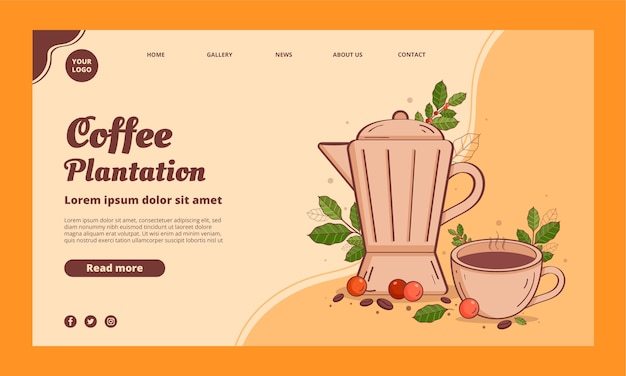 Página de inicio de la plantación de café dibujada a mano